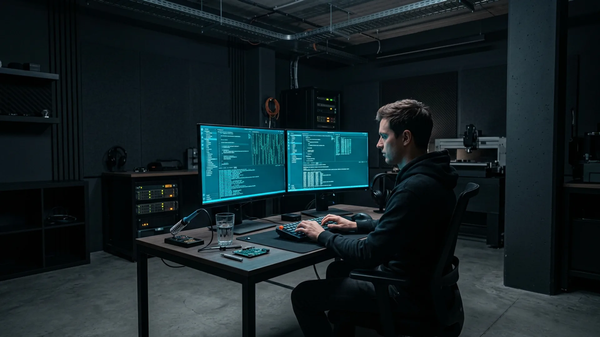 Person at screen with cyan terminal glow — building an AI agent
